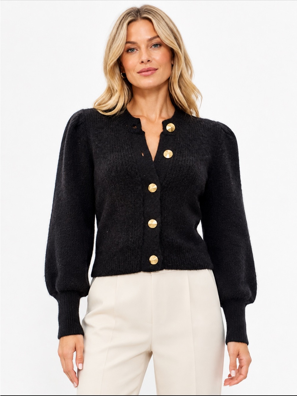 ba&sh Baylor Black Mohair Wool Puff Sleeve Cardigan Gold Buttons Size 2